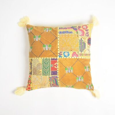 Floral Embroidered Patchwork Cotton Tasseled Cushion Cover