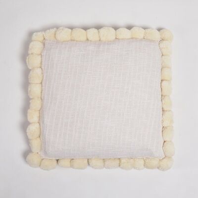 Solid Ivory Cotton Cushion Cover with Pom-Pom Border