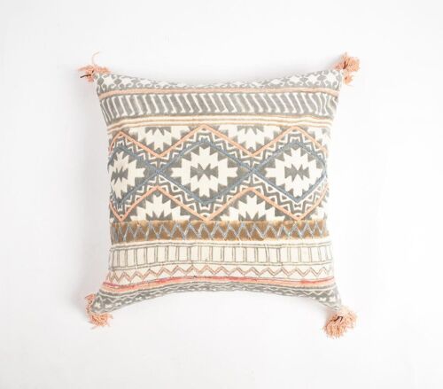 Block Printed & Embroidered Cotton Tasseled Cushion Cover