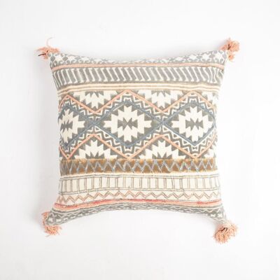 Block Printed & Embroidered Cotton Tasseled Cushion Cover