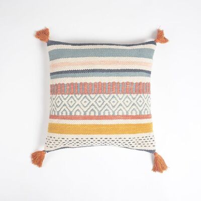 Handwoven Cotton Multi-Striped Tasseled Cushion Cover