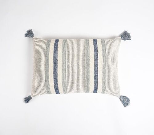 Greyscale Striped & Tasseled Lumbar Cushion Cover