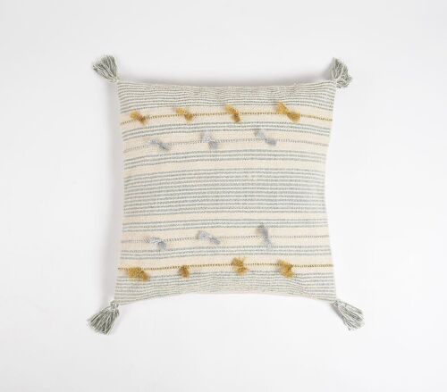 Embroidered Stripes Cushion Cover with Tassels