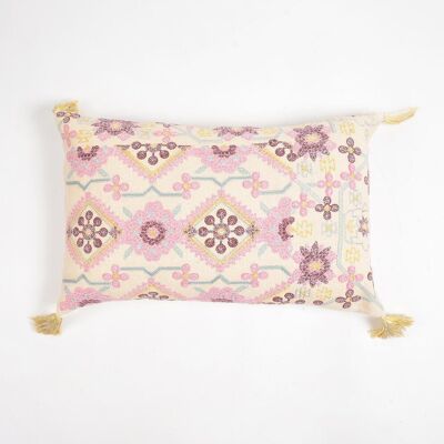 Embroidered Floral Cotton Lumbar Tasseled Cushion Cover