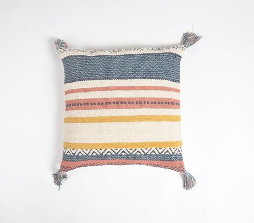 Handwoven Cotton Striped Tasseled Cushion Cover
