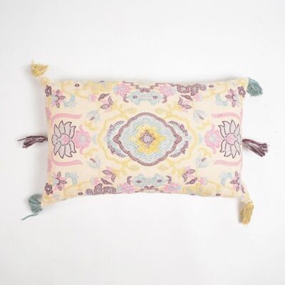 Embroidered Floral Symmetric Cotton Lumbar Tasseled Cushion Cover