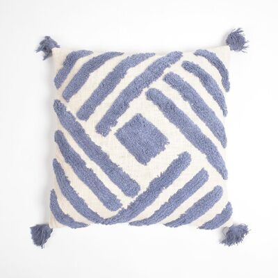 Tufted & Tasseled Cadet Lines Cotton Cushion Cover