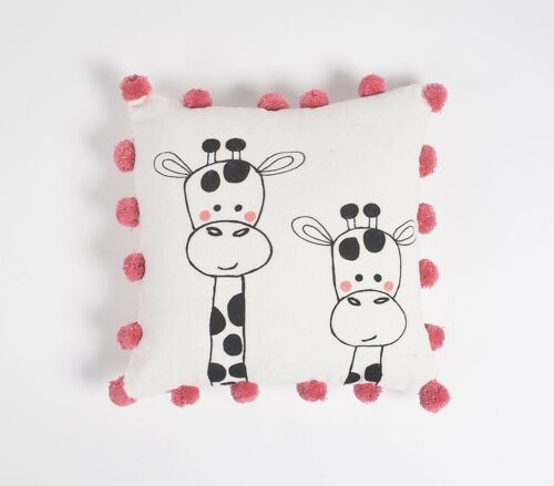 Pair of Giraffes Cushion Cover with Pom-poms