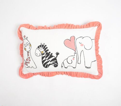 Embroidered Animal Love Cotton Cushion Cover with Ruffled Edges