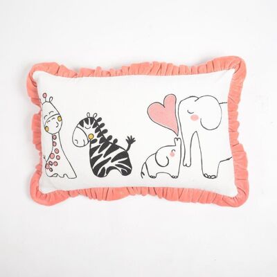 Embroidered Animal Love Cotton Cushion Cover with Ruffled Edges