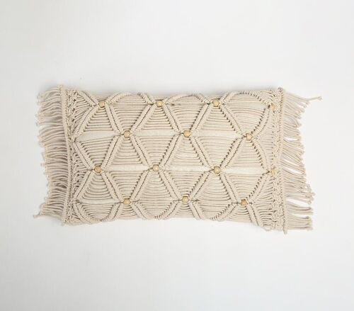 Macrame Fringed & Beaded Lumbar Cushion Cover