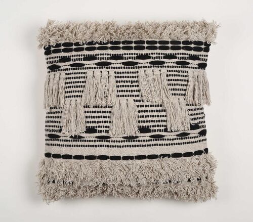 Monochrome cushion cover with tufts & fringes