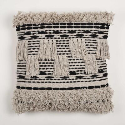 Monochrome cushion cover with tufts & fringes