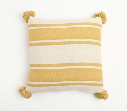 Colorblock Cotton Cushion Cover With Pom Poms