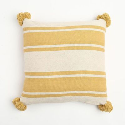 Colorblock Cotton Cushion Cover With Pom Poms