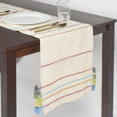 Minimalistischer Tischläufer aus Baumwolle mit Fadenmuster und Quasten