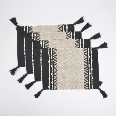 Handgewebte Tischsets mit Chevron-Bordüren in Schwarz (4er-Set)