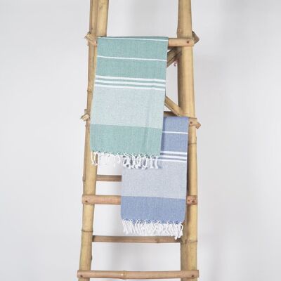 Handgewebte gestreifte Badetücher aus Baumwolle in Salbei und Blau (2er-Set)