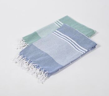 Serviettes de bain sauge et bleues rayées en coton tissé à la main (ensemble de 2) 2