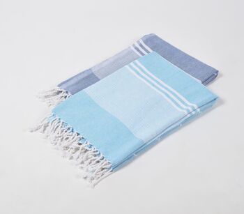 Serviettes de bain rayées en coton tissé à la main bleu clair et foncé (ensemble de 2) 2