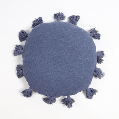 Fodera per cuscino rotonda blu con nappe