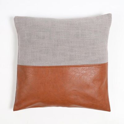 Hand Stitched Cotton & Leather Colorblock Cushion Cover