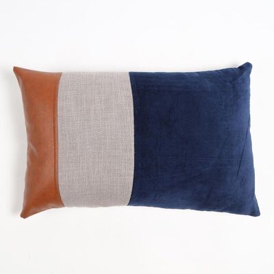Hand Stitched Velvet & Leather Colorblock Lumbar Cushion Cover