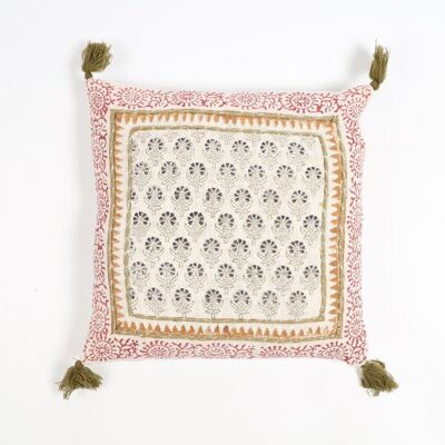 Housse de coussin à pompons floraux en coton imprimé en bloc