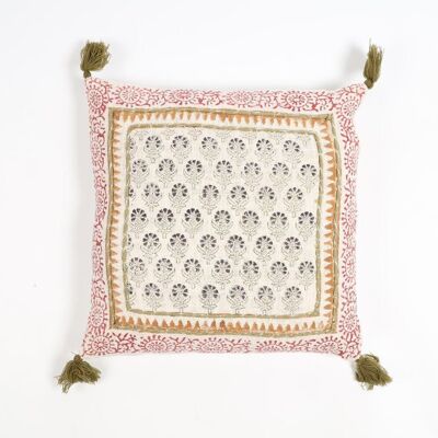 Block Printed Cotton Floral Tasseled Cushion Cover