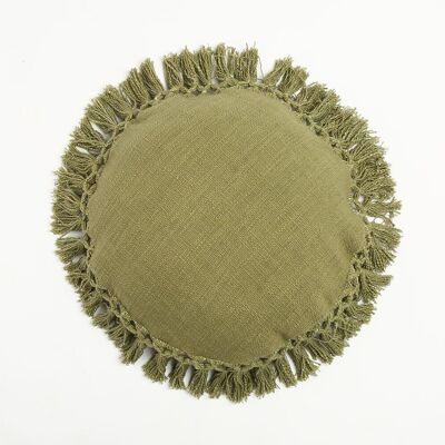 Housse de coussin ronde à pompons olive