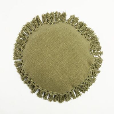 Olive Tasseled Round Cushion Cover