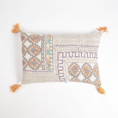 Block Printed & Embroidered Cotton Lumbar Tasseled Cushion Cover