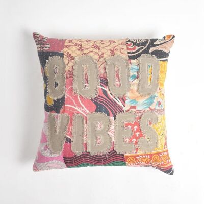 Good Vibes' Patchwork Kantha Embroidered Cushion Cover