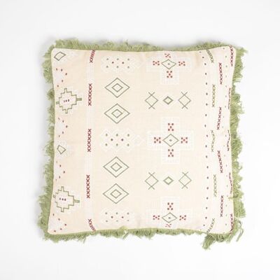 Embroidered Geometric Cushion Cover with Fringes