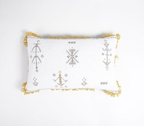 Embroidered Cotton Tribal Cushion Cover with Looped Fringes