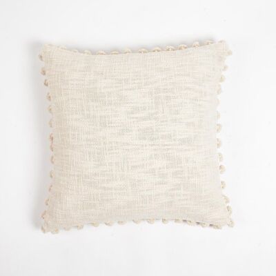 Solid Neutral Cotton Cushion Cover with Pom-Pom Border