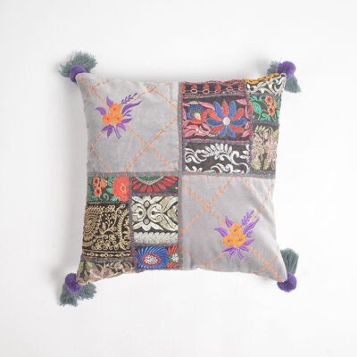 Embroidered Patch Work Cotton Tasseled Cushion Cover