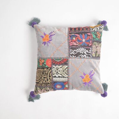 Embroidered-Patch Work Cotton Tasseled Cushion Cover