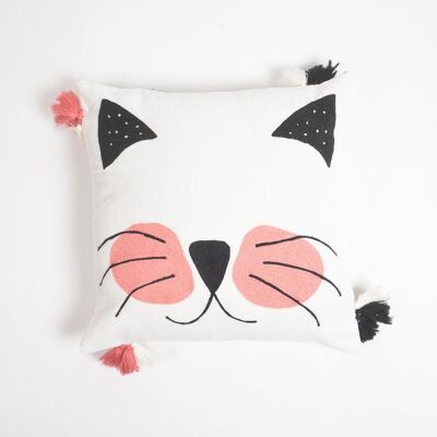 Embroidered Kitty Tasseled Cotton Cushion Cover
