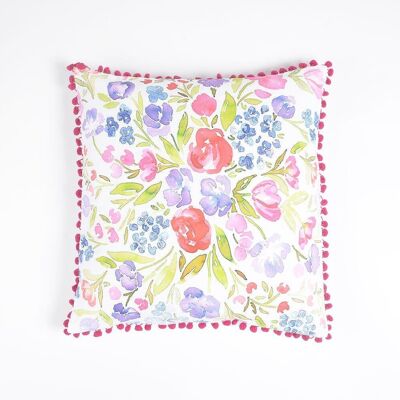 Floral Watercolor Cotton Pom-pom-Lined Cushion Cover