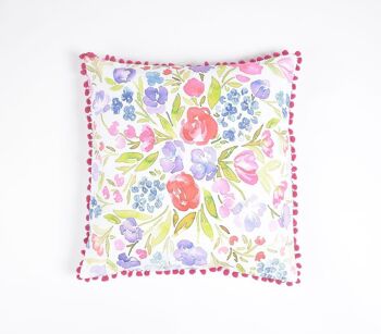 Housse de coussin doublée de pompons en coton aquarelle florale 4