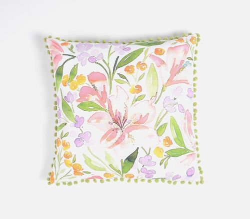Botanical Cotton Pompom-Lined Cushion Cover