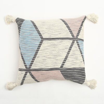 Housse de coussin en coton color block avec pompons