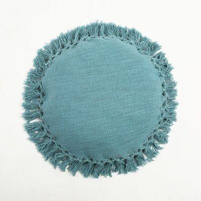 Housse de coussin ronde à pompons bleu mer