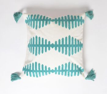 Housse de coussin à pompons brodée sarcelle 1