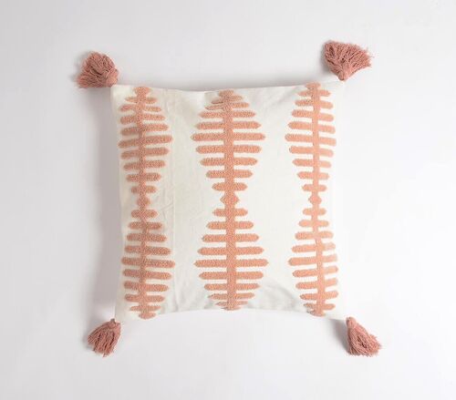 Coral Embroidered Tasseled Cushion Cover