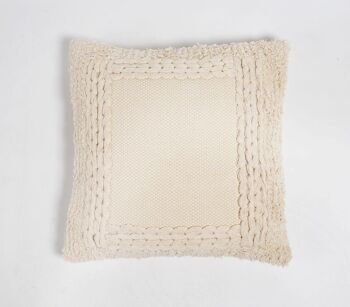 Housse de coussin en coton et toile unies avec bordure texturée 1