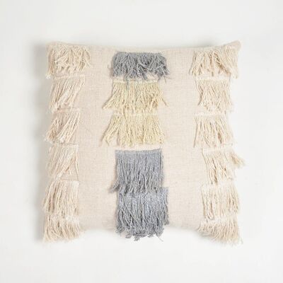 Fringed Neutral Handloom Cotton Cushion Cover