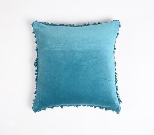 Solid Blue Velvet Cotton Cushion Cover with Border Fringes, 18 x 18 inches