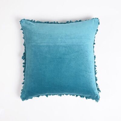 Solid Blue Velvet Cotton Cushion Cover with Border Fringes, 18 x 18 inches